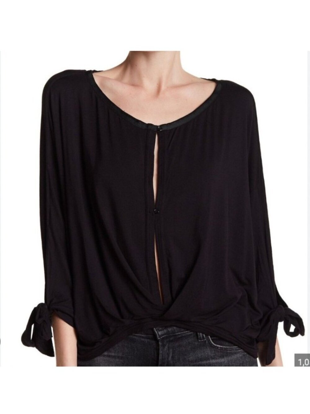 Free People Shirt Womens Medium Black Draped Front Tie Slit Sleeve Top Blouse